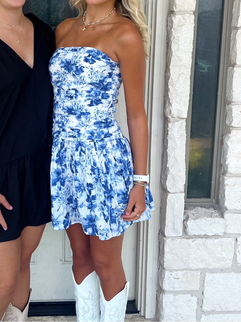 Blue & White Strapless Floral Mini Dress